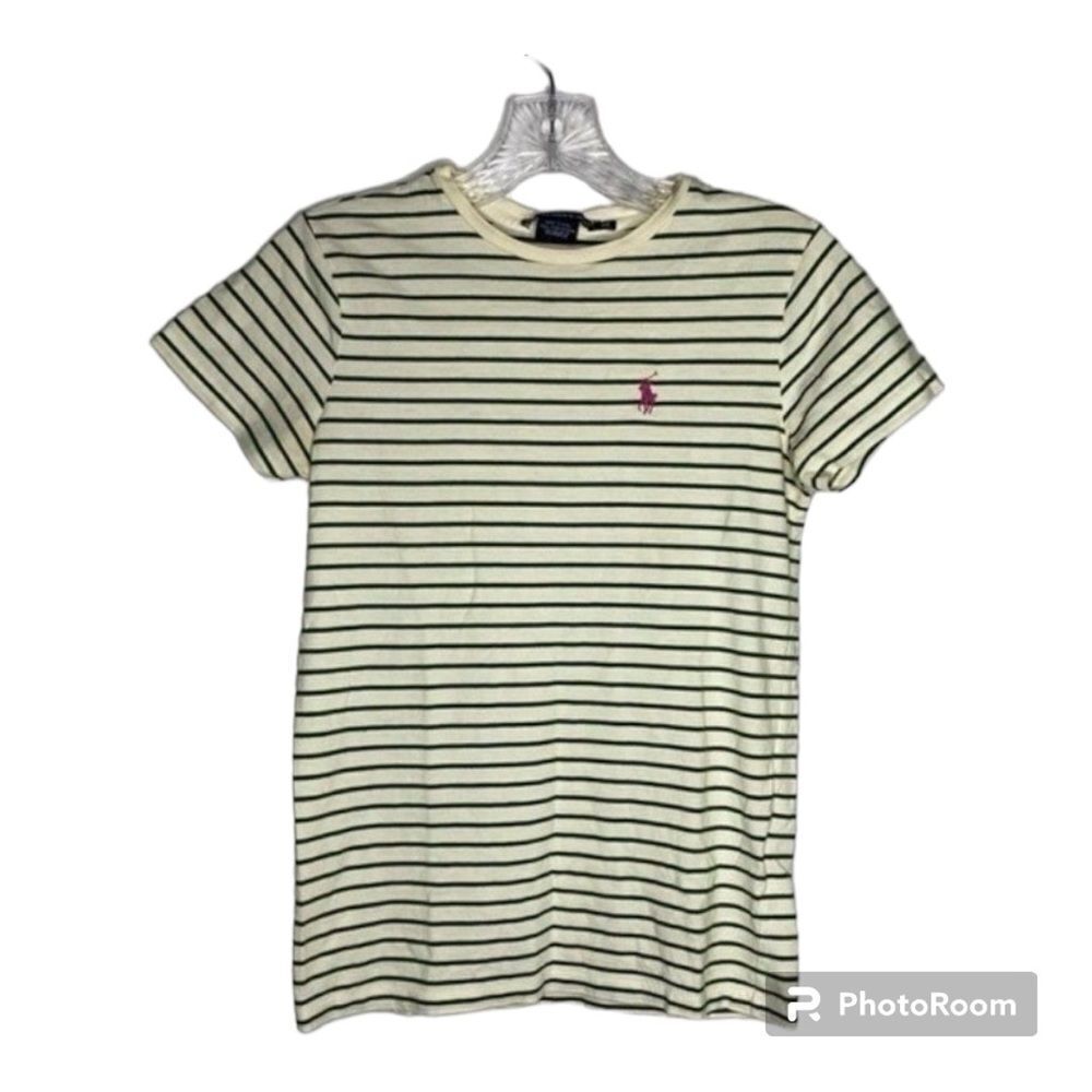Ralph Lauren Sport Blue Label Cream Green Stiped Pima Cotton Short Sleeve‎ XS